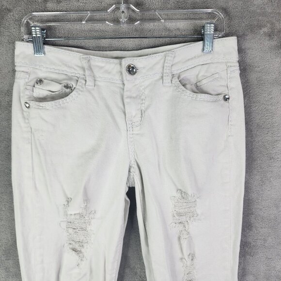 Women's White Cato Distressed Rolled Cuff Jeans Rhinestone Button Mid Rise 4 - Picture 4 of 15